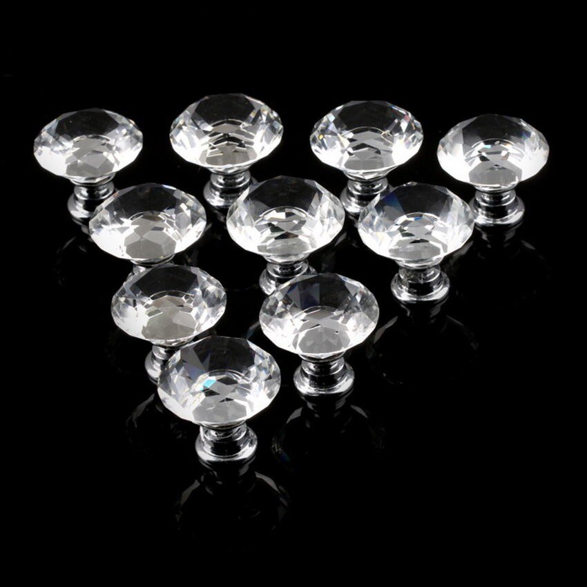 10 pcs 30mm Diamond Clear Crystal Glass Door Pull Drawer Knob Handle Cabinet