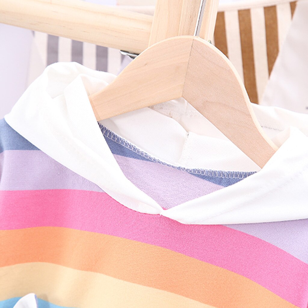 Toddler Kids Girls Striped Rainbow Top Cartoon Fashionable Hooded Sweatshirt Coat Tops Colorful Children Clothes