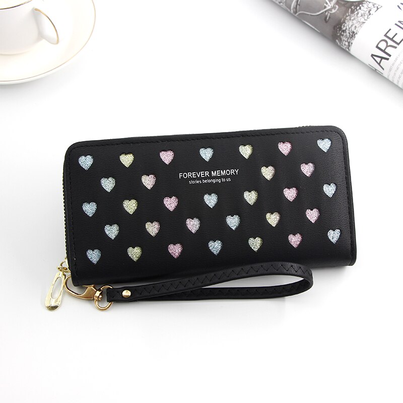 Women Wallet Long Pu Leather Love Heart Cute Purse for Phone High Capacity Card Holder Clutch Wallets Carteira Feminina: Black