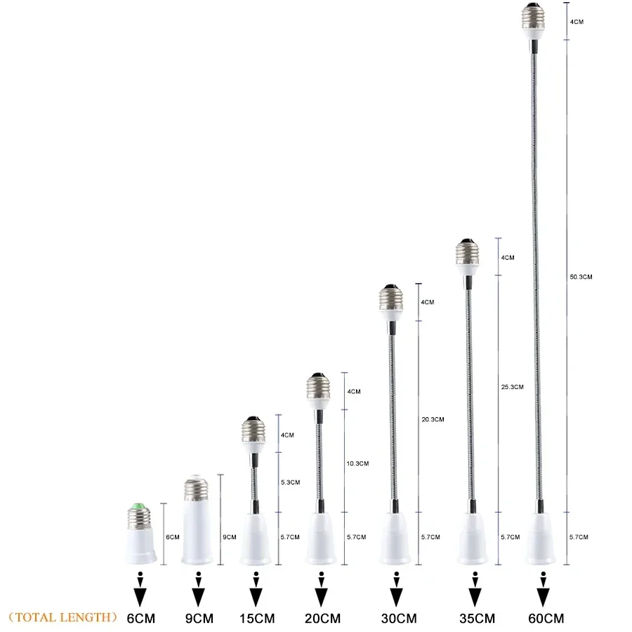 E27 to E27 Flexible Bulb Socket Extender E27 Lamp Rotating Base Lamp Holder 110V 220V Extension Converter 6/9/15/20/30/35/60cm