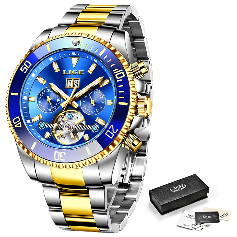 LIGE Marken Männer Automatische Mechanische Tourbillon Uhr Luxus Edelstahl Sport Uhren Herren Uhr Relogio Masculino