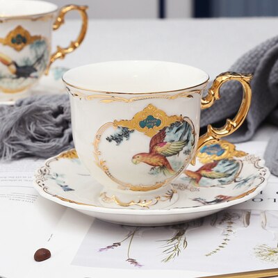 Ceramic coffee cup set jungle animal saucer bird monkey shape gold bone China tea: C