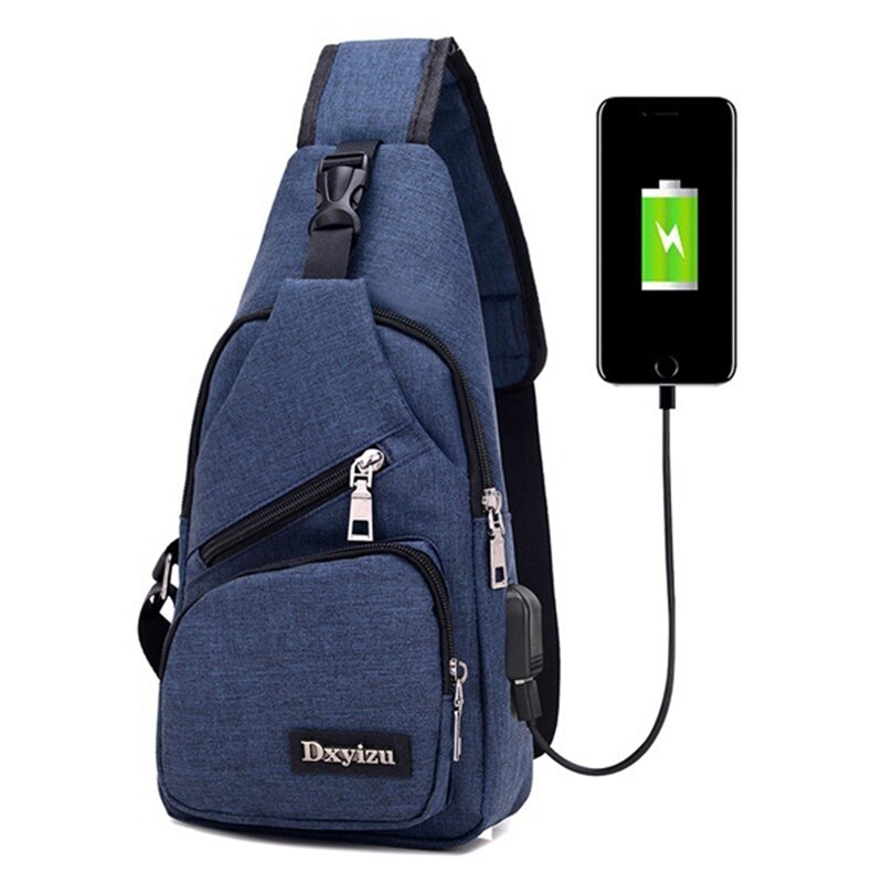 Bolso de hombro antirrobo para hombre, bolsa de pecho recargable con USB de lona, orificio para auriculares, bolso de hombro para niño adolescente: Navy