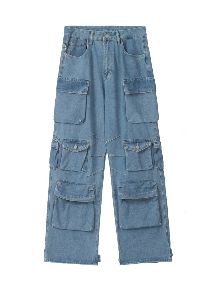 Calças jeans largas largas folgadas femininas, calças cargas com vários bolsos, roupas de rua Harajuku, jeans azul lavado vintage feminino, moda outono, Y2k