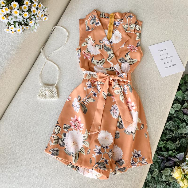 Sommer bukser dame jumpsuit ærmeløs print slim casaul bodysuit dame strand jumpsuit kort: 2