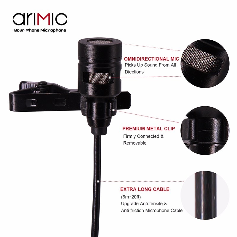 Microfono Lavalier Ulanzi Arimic - Cavo 1.5m/6m - Microfono Condensatore Cablato per iPhone, Android, iPad, DSLR