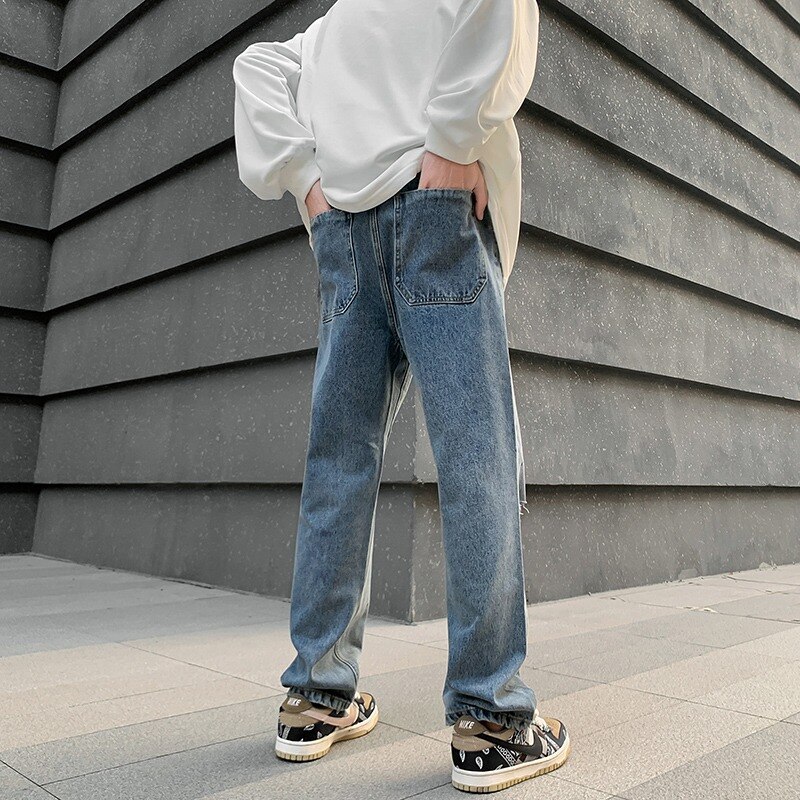 Ripped Jeans Hole Japanese Style Hip Hop High Street Straight Pants Casual Loose Long Trouser Men Chic Clothing