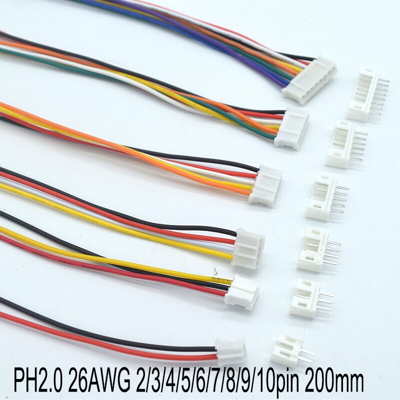 Juego de Cables Micro Mini JST 2,0 PH, conector macho y hembra, 200MM, 26AWG, 2/3/4/5/6/7/8/9/10 Pines, 10 juegos