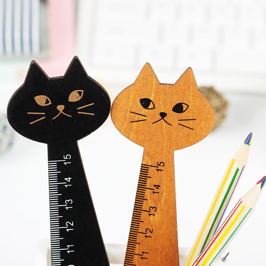 1PC Leuke Hout Dier Straight Heerser Mooie Kat Vorm Heerser voor Kids School Stationery Zwart Geel