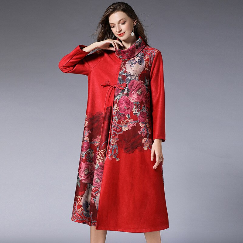 Robes d'hiver femmes grande taille robe orientale rouge col haut manches longues robe en daim Midi élégantes robes chinoises AA4441