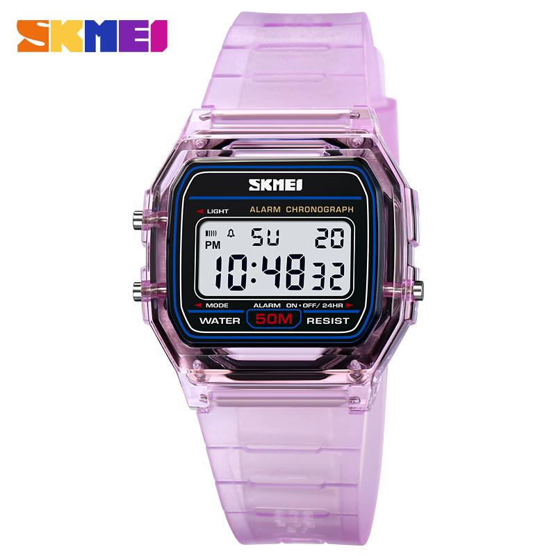 SKMEI, vigor juvenil, reloj de pulsera transparente con correa de TPU para mujer, cronómetro con pantalla de luz trasera, relojes digitales para mujer, reloj para mujer