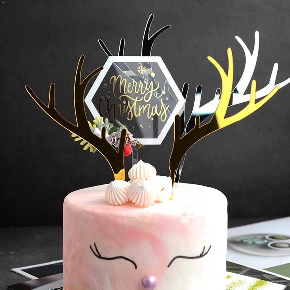 Acryl Kerst Gewei Cake Topper Verjaardag Party Elanden Decoratie Natal Gewei Cake Thuis Bakken Rendier Dessert Levert E0H2