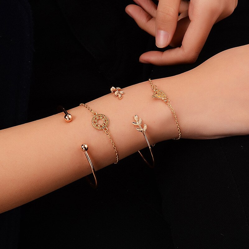 caldo 4 pz/impostato moda boemia foglia nodo mano polsino catena a maglie braccialetto di fascino braccialetto per le donne bracciali in oro gioielli tutto'ingrosso