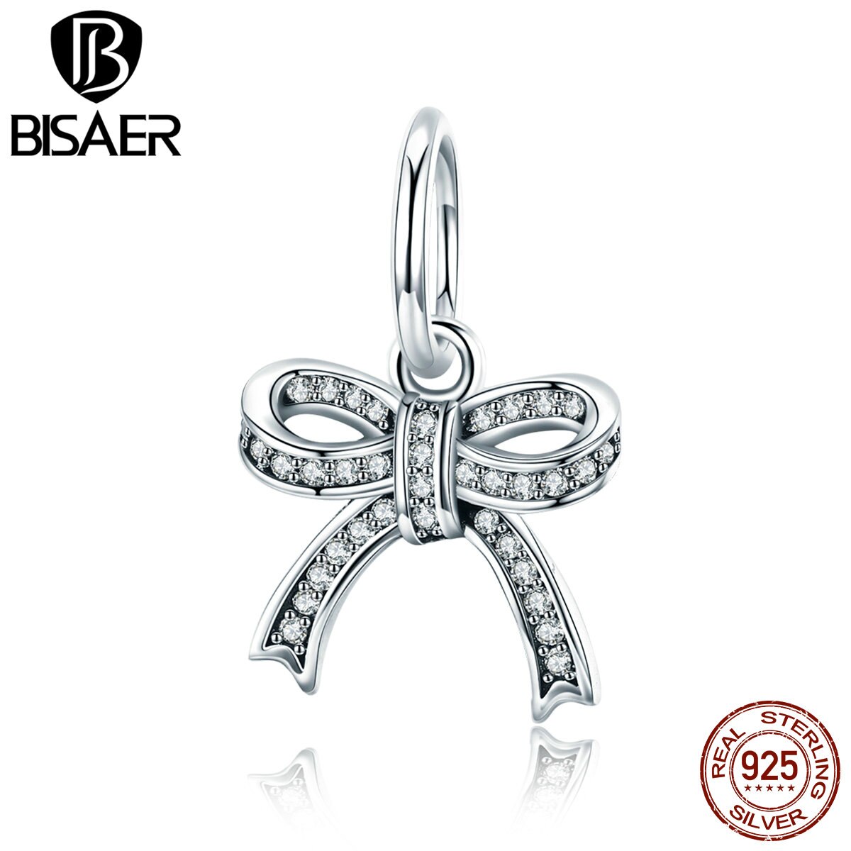 BISAER Real 925 Sterling Silver Dazzling Bowknot Charms Bowknot Clear CZ Beads Fit for Bracelet Silver 925 Jewelry Making ECC775
