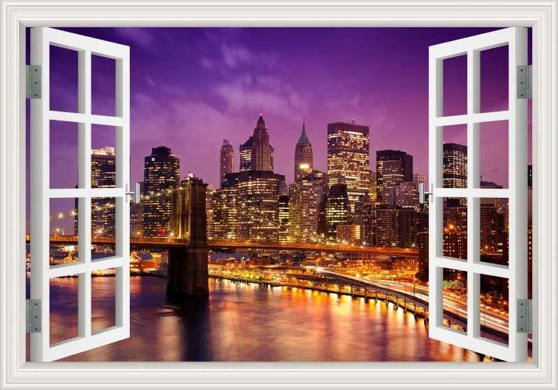 3D Window View wall Sticker York Brooklyn Removable Night Wall Art Wallpaper Kitchen Room decor aesthetic poster prints: 28x40inch 70x100cm / W0157