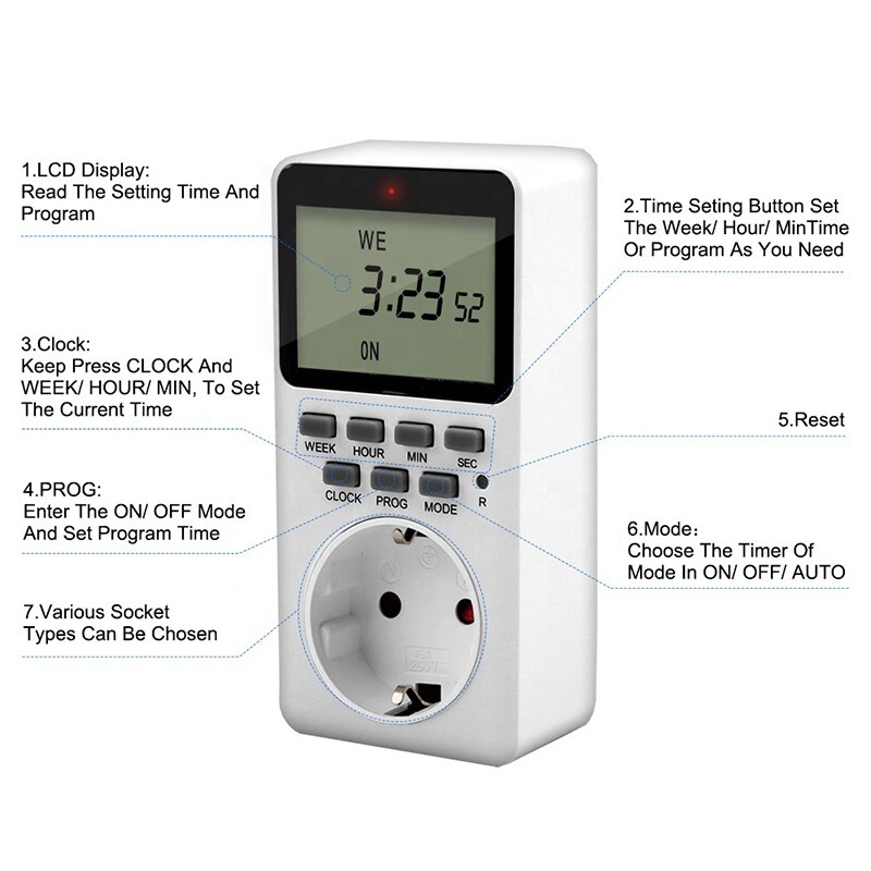 Digital Timer Switch EU Kitchen Timing Socket Large Screen Switch Smart 12/24 Hour Cyclic Program Wireless Electronic Switches