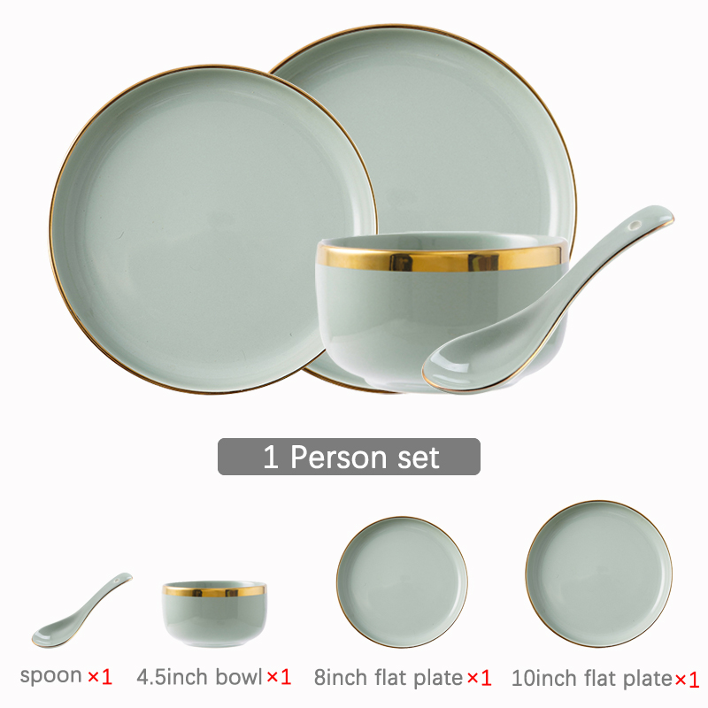Tableware Set Dishes Dinner Plates Steak Food Dessert Plate Green Salad Soup Bowl Plates and Bowls Set for Family Hotel: 1 person set