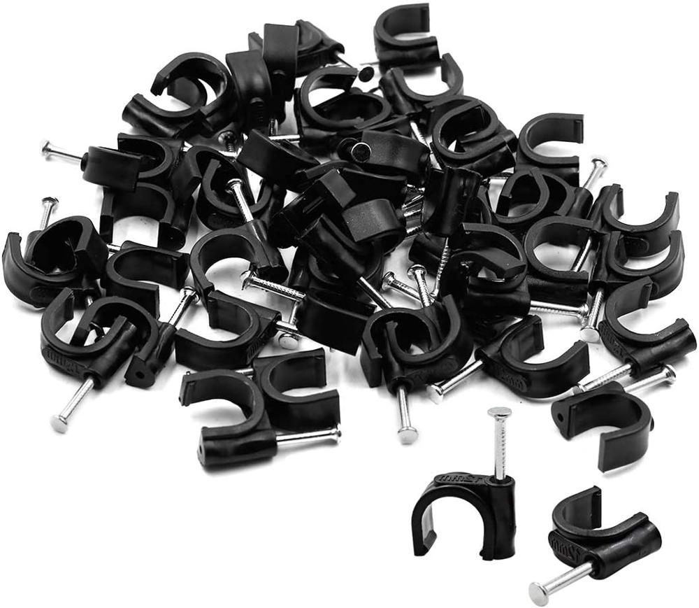 100 st pe plast 7mm cirklar kabelklämma c-formad högkolstålspik kabelklämmor trådvägghållare 1/4 " 6mm rörstöd: Svart
