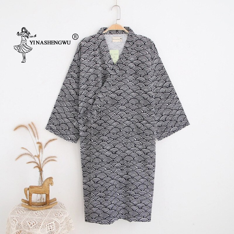 Simple Kimono Robe Yukata Kimono Cardigan Men Japan Traditional Pajamas Leisure Wear Homewear Water Ripple Print Cotton Bathrobe