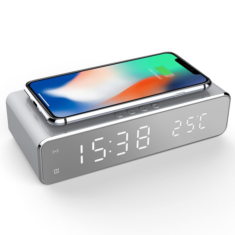 Alarm Clock Smart Home Multifunctional Desktop Mirror Alarm Clock Wireless Charger Silver Style