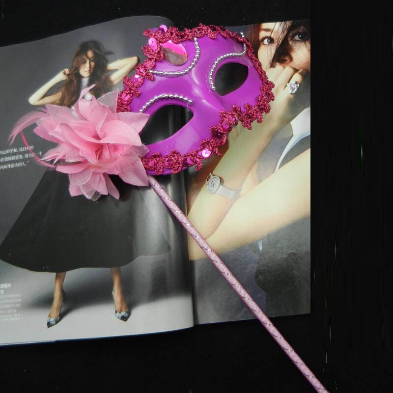 10pcs Sexy Prom Wedding Party Mask Women Costume Venetian Cosplay Masquerade Dance Handheld Sticks Flower Decoration on Stick: rosy