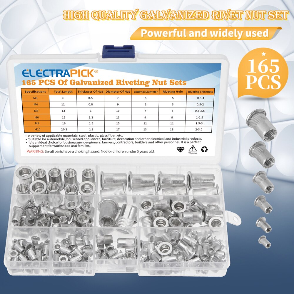 165Pcs M3 M4 M5 M6 M8 M10 Mix Size Klinknagel Noten Set Aluminium Platte Kop Klinknagel Noten Insert Klinknagels met Plastic Doos Hardware Onderdelen