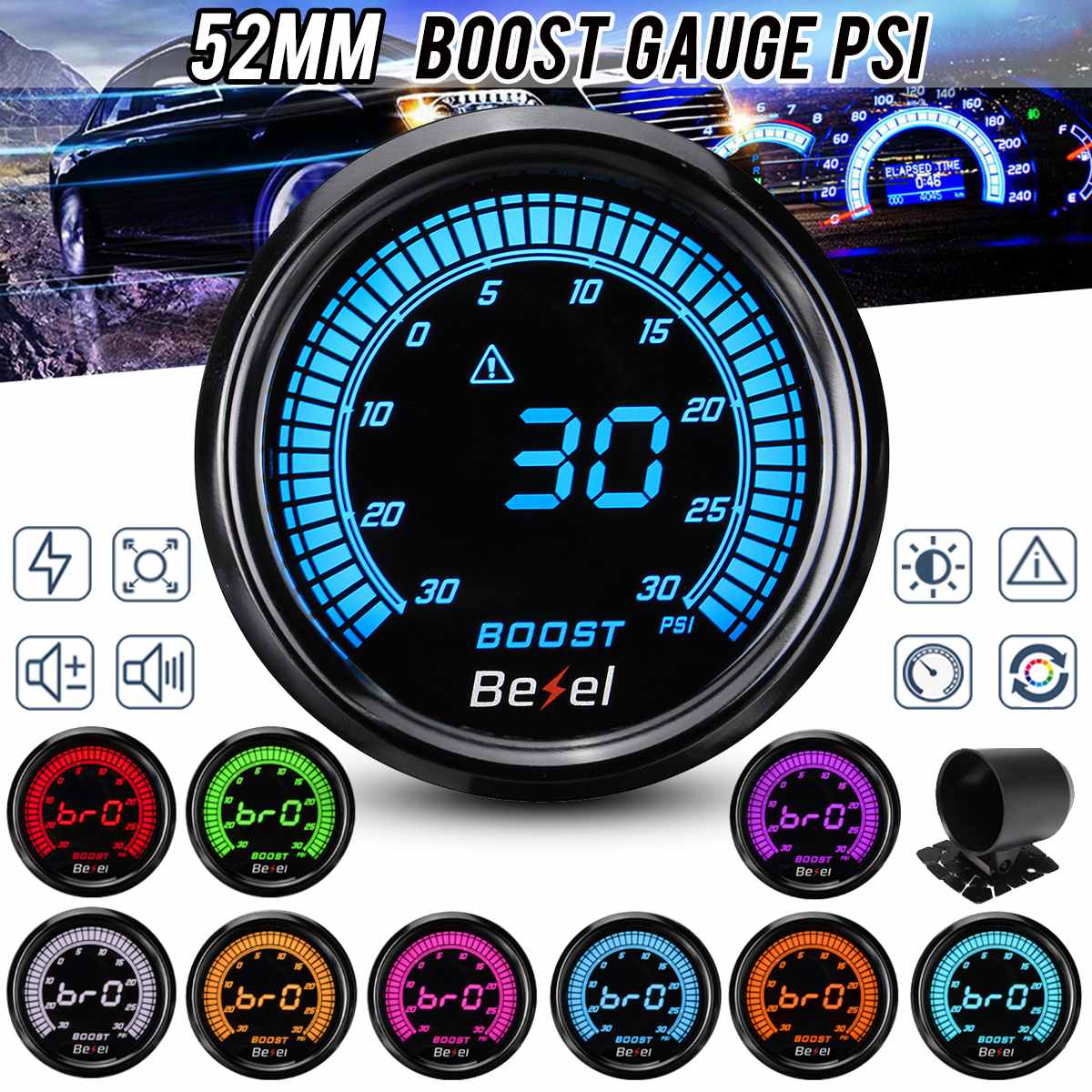 2" 52mm 12V Universal Car Turbo Boost Pressure Gauge Meter PSI Digital LED Readout Display 10 Colors with Sensor -30~30PSI