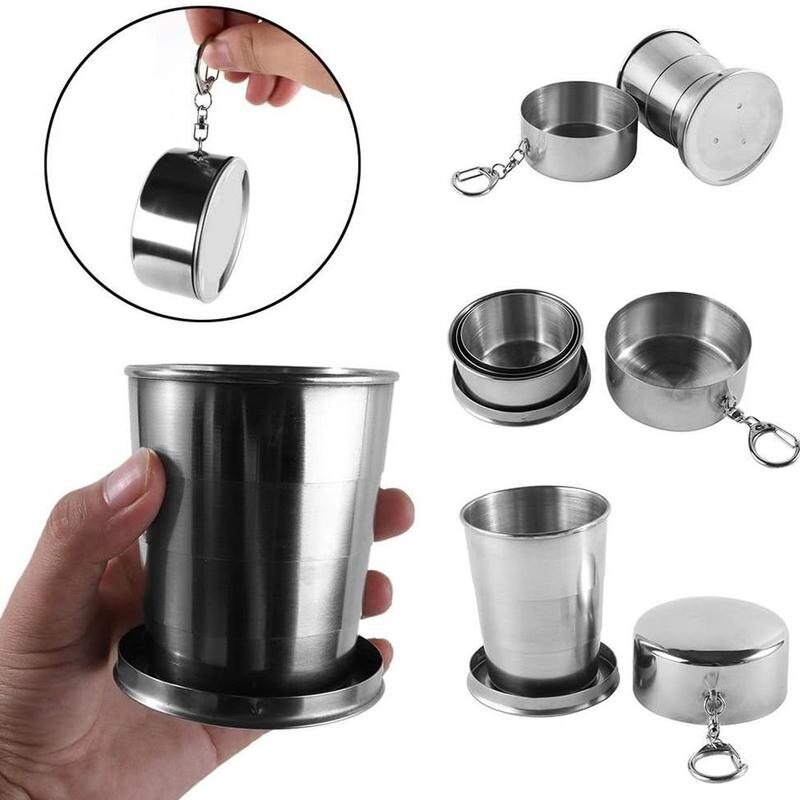 Stainless Steel Cup Outdoor Camping Travel Folding Demountable Cup Collapsible Metal Cup Keychain 75ml/150ml/250ml Wine Wit A5B9