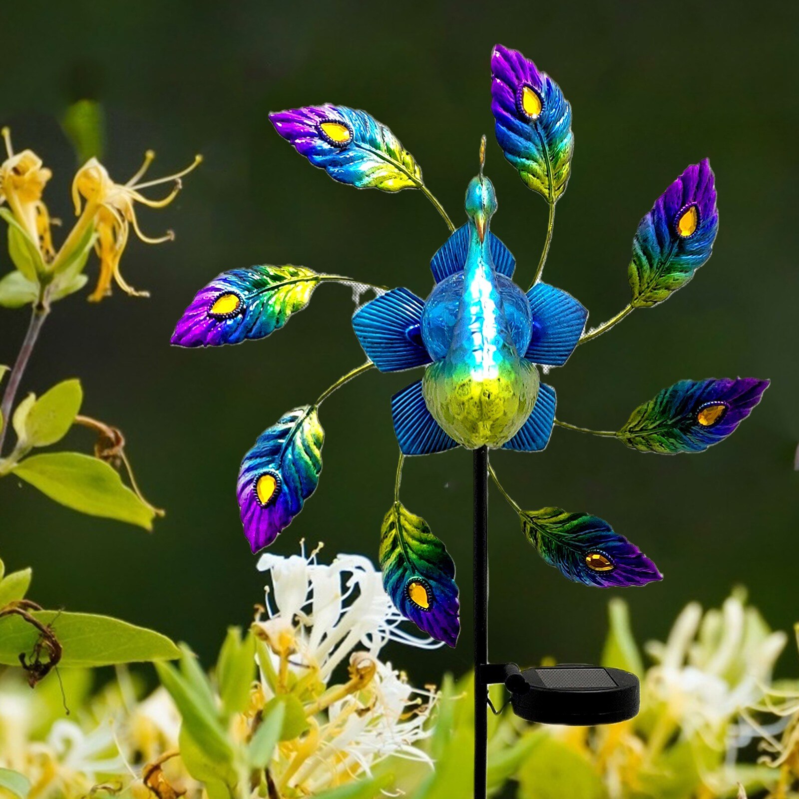 Painted Windmill Garden Decoration Wrought Iron Painted Peacock Solar Light Courtyard Whirligig Wooden Pile Wind Rotator