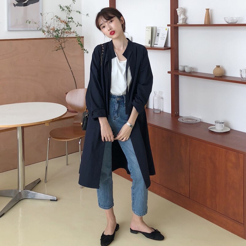 Geul Vrouwen Losse All-Match Trendy Lange Mouwen Leisure Koreaanse Stijl Womens Effen Kleur Elegante Zakken Chic Lente Student: blue