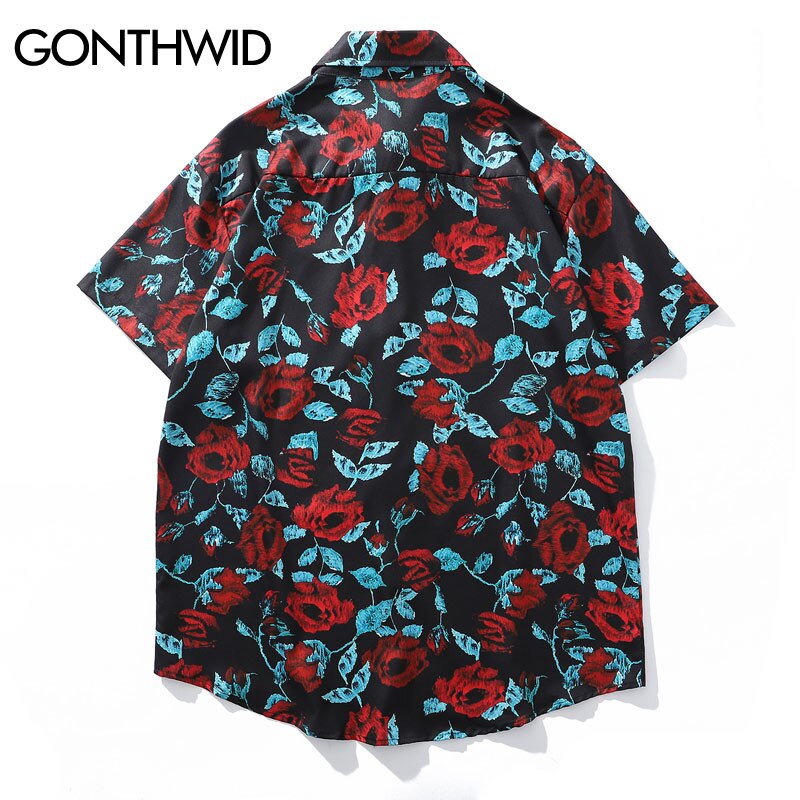 Gonthwid Bloemen Print Hawaiian Strand Shirts Mannen Zomer Casual Bloemen Tropische Korte Mouw Shirts Aloha Button Tops