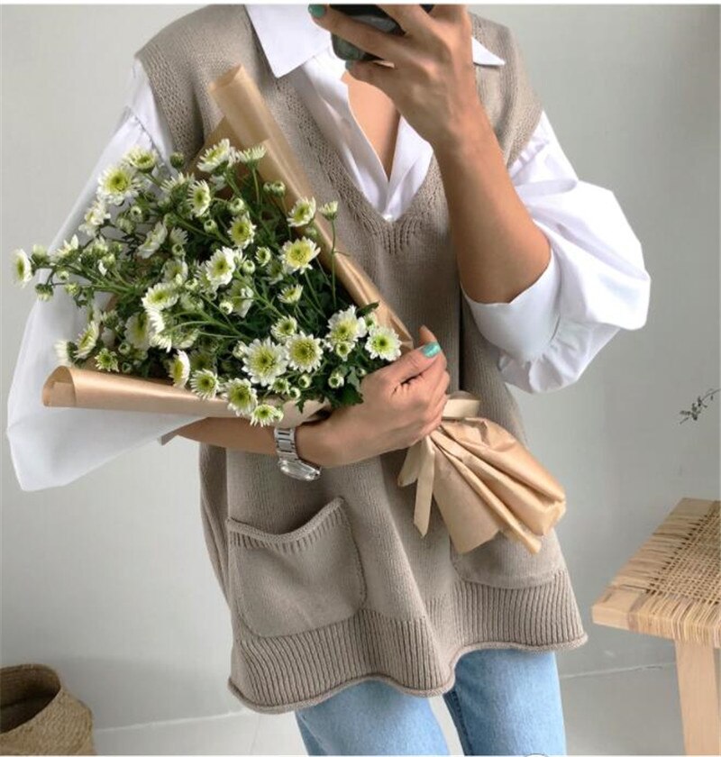 Rugod efterår vinter stil smart vintage ensfarvet split vest v-hals strikket sweater kpop tøj plus størrelse