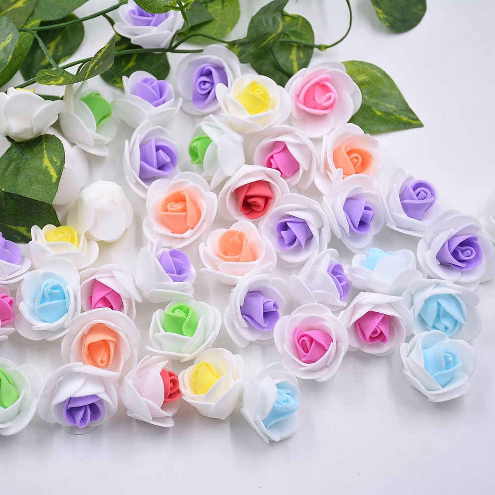 10 stks/partij 2 cm mini tweekleurige foam rose hoofd trouwjurk kunstbloem DIY krans plakboek handgemaakte bloemen