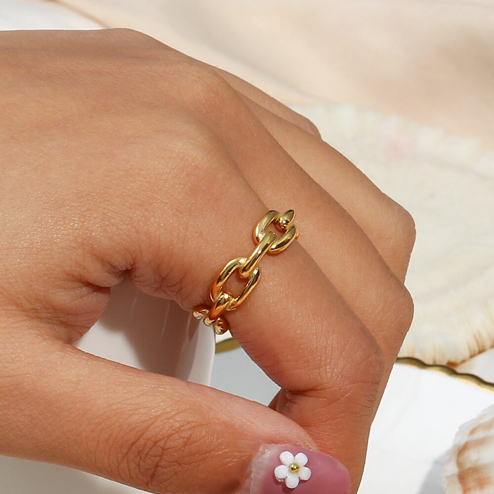 2022 Basic Stainless Steel Waterproof Jewelry Party Ring Ladies Bold Link Chain 18K Gold Rings For Women
