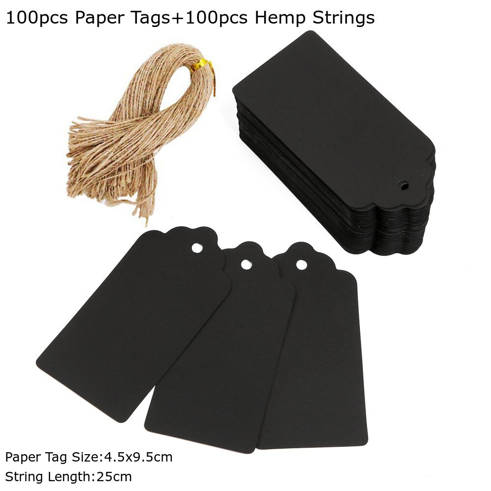100pcs Large Size 4.5x9.5cm Kraft Tags with Hemp Strings Black White Kraft Scallop Hang Tag Blank Price Tags Paper Labels: Pattern 3