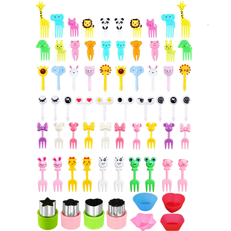 Cute Mini Food Picks Children Animal Toddler Cartoon Snack Cake Dessert Food Fruit Forks With Cutter Silicone Lunch Box Dividers: Pink