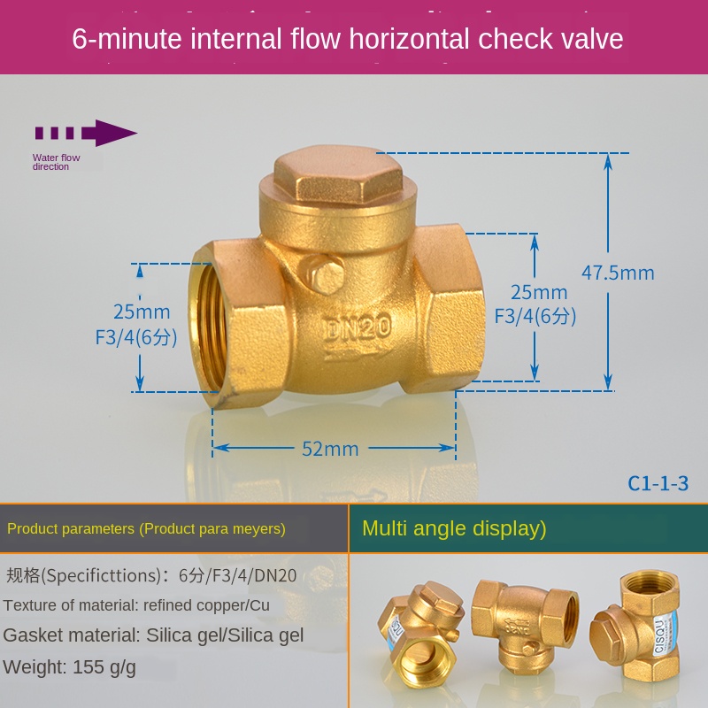 Copper 1/2IN Discrete Check Valve Spring Check Valve 3/4IN 1 Inch Thread Horizontal Check Valve: C1-1-3