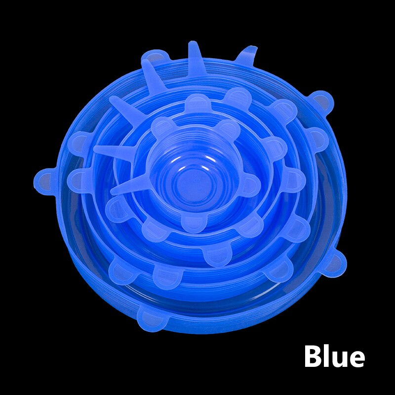 6 stuks herbruikbare voedselverpakkingshoezen van siliconen voor het vers houden van voedsel, vacuümrekdop, verpakkingshoezen voor keukenbenodigdheden: Blauw