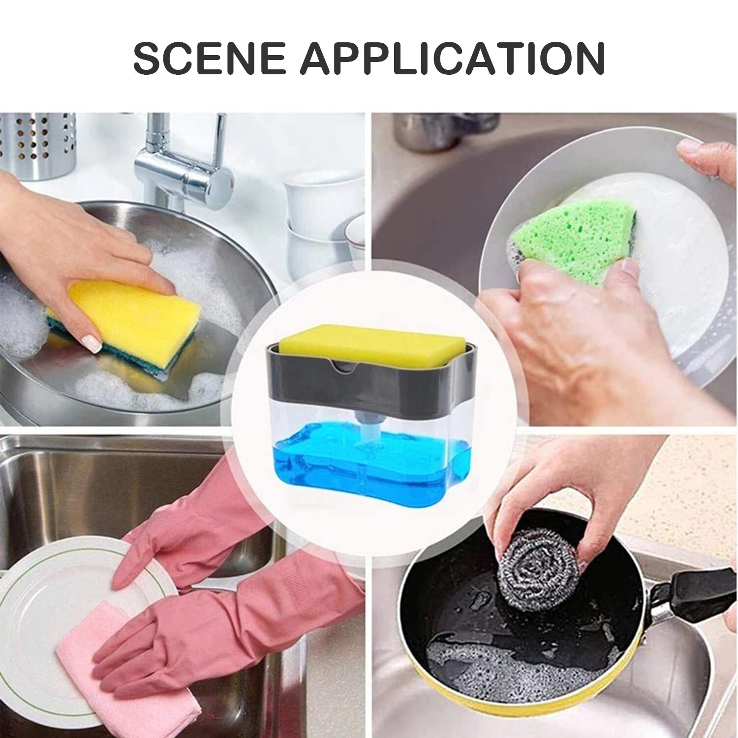 Soap Pump Dispenser with Sponge Holder Cleaning Liquid Dispenser Container Manual Press Soap Organizer Kitchen Cleaner Tool
