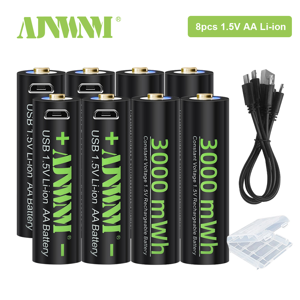 Ajnwnm 1.5v aa usb genopladeligt li-ion batteri 3000 mwh batterier aa til fjernbetjening trådløs mus + usb kabel