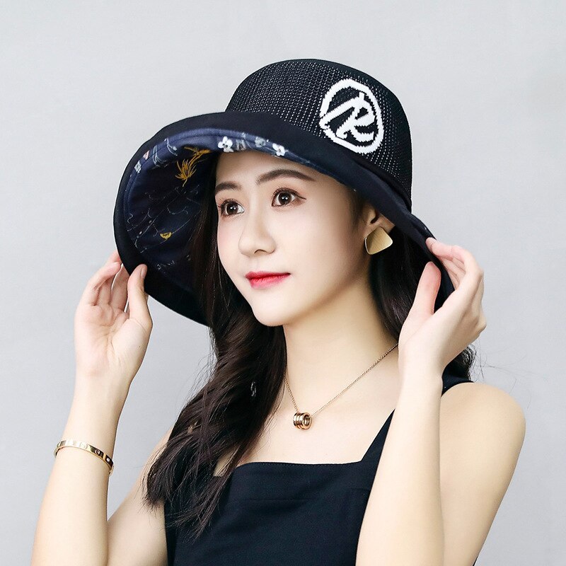 Fiskehatt koreansk tyghatt kvinnlig solkräm solhatt uv-skydd vikbar hatt med stor brätte vilda bokstäver rosa hatt hinkhatt: Svart