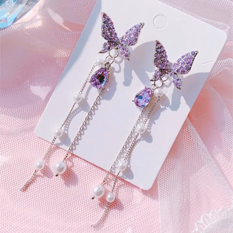 Novedad de , Pendientes colgantes coreanos Vintage Cristal púrpura con borlas largas de mariposa para mujer, de joyería para de