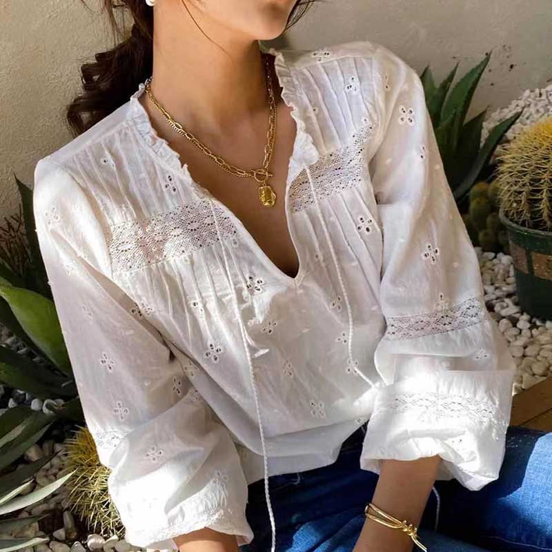 Boho inspireret hvid bluse kvinder langærmet hul ud bomuld forår sommertoppe boho bluse v-hals kvast bluse skjorte