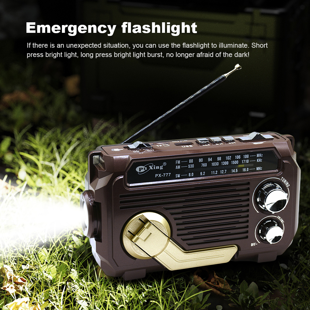 Radio de emergencia con manivela de PX-777, Radio portátil con energía Solar, banda AM/FM/SW con linterna LED, altavoz BT para emergencias