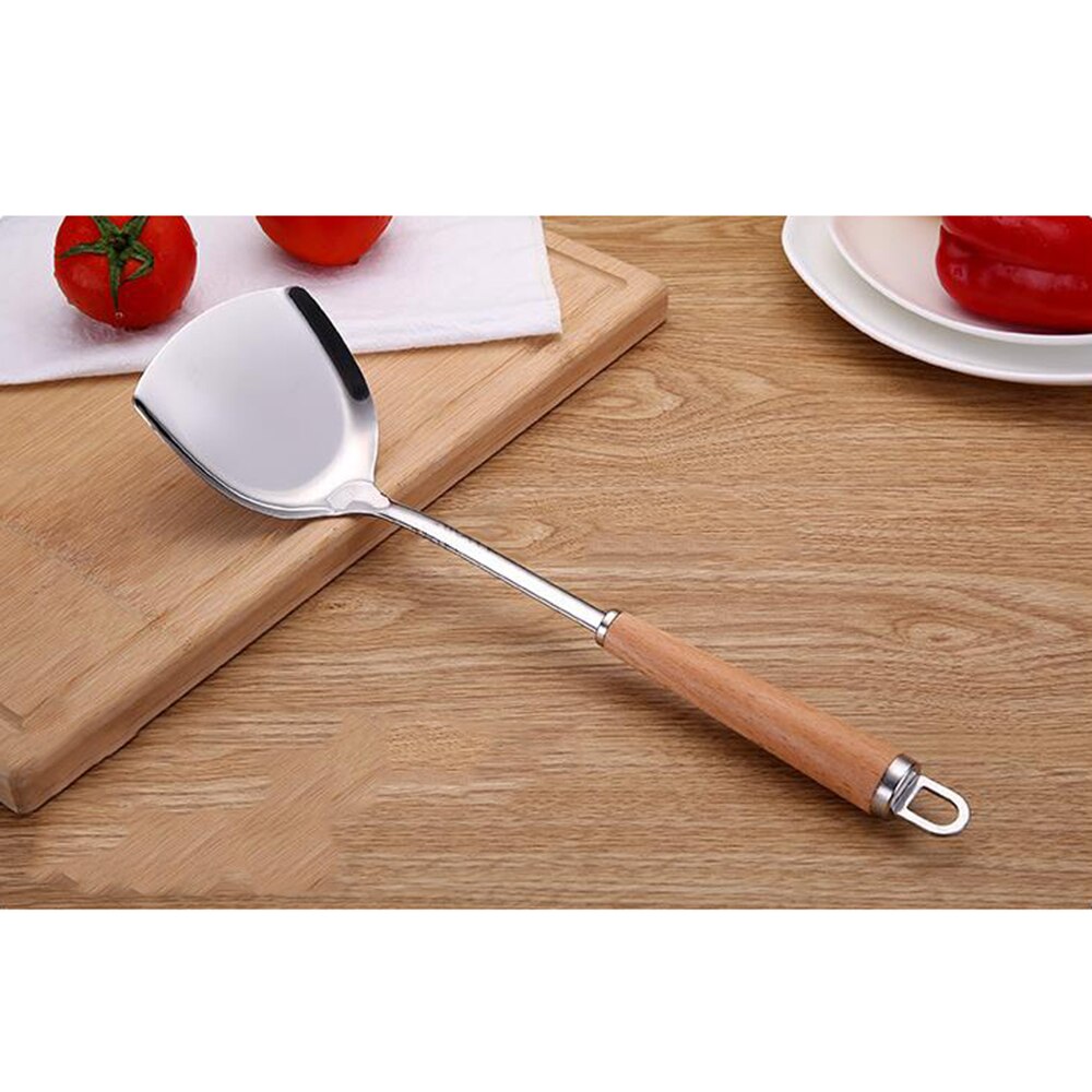 1Pcs Spatula with Wooden Handle Stainless Steel Kitchenware Set Household Spoon Kitchen Gadget Stainless Steel Frying Shovel: Spatula