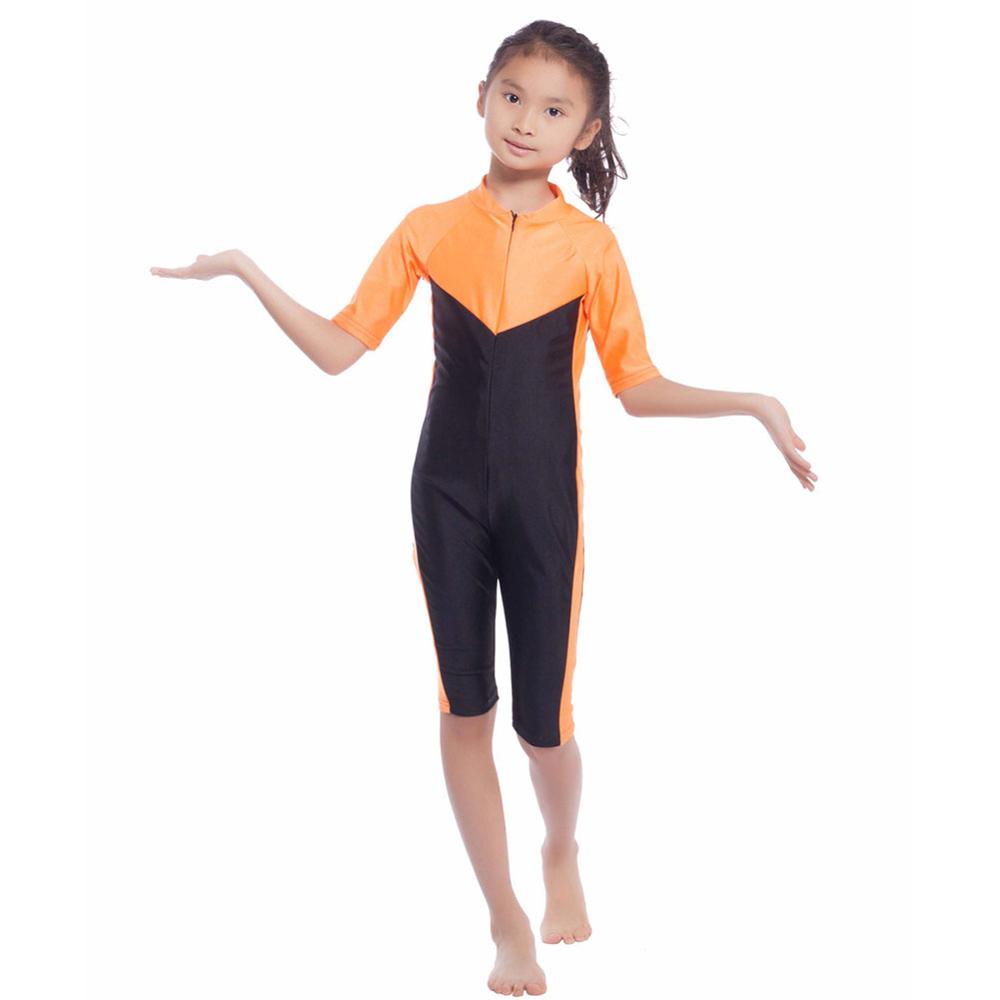 Piger badetøj islamisk børnetøj badetøj strandtøj muslimsk et stykke halv ærme shorts badedragt: Orange / S