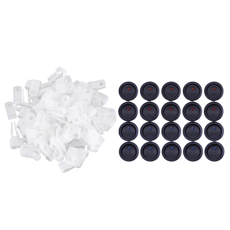 20Pcs 12V 20a Amps On/Off/ 3 Position Terminal Round Rocker Led Toggle Switch Blue &amp; Red &amp; 100Pcs R Type Fastener Harness 6.4Mm