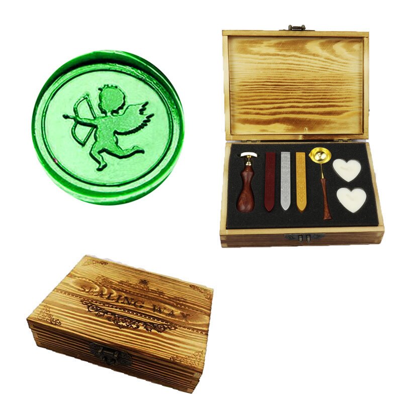 Angel Wax Sealing Stamp Trouwkaarten Vintage Wax Sticks Kaarsen Smelten Lepel Houten Doos Set Palissander Handvat: 1 wood box