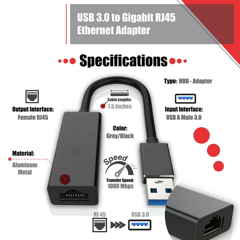 Karta sieciowa USB 3.0 Gigabit Ethernet LAN RJ45 1000 mb/s dla komputerów prochowiec z systemem okna