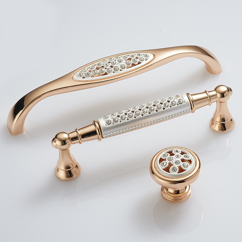 Champagne Gold Door Handles With Diamond Luxury Zinc Alloy Cabinet Drawer Knobs European Wardrobe Furniture Pulls Hardware